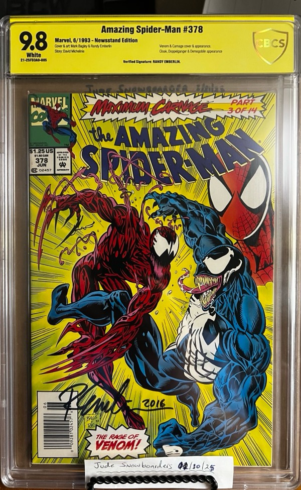 Amazing Spider-Man #378 NEWSSTAND 9.8 CBCS SS Signed by Randy Emberlin KEY: "Maximum Carnage" part 3